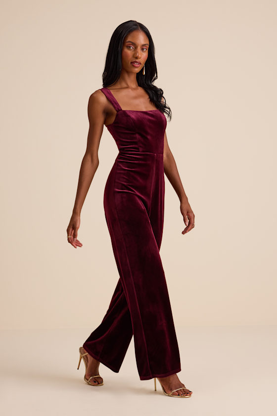 Sayana Burgundy Velvet Sleeveless Straight Leg Jumpsuit 4