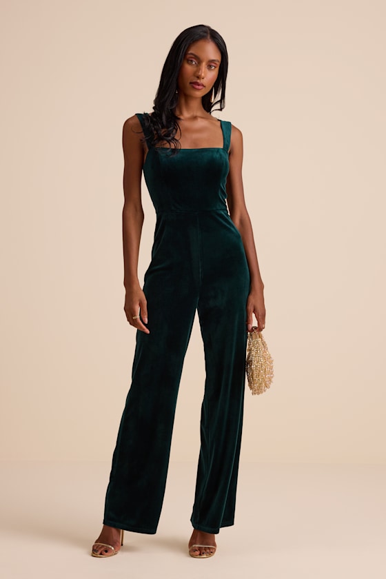Sayana Emerald Velvet Sleeveless Straight Leg Jumpsuit