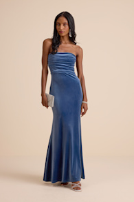 Maren Slate Blue Velvet Strapless Mermaid Maxi Dress 1