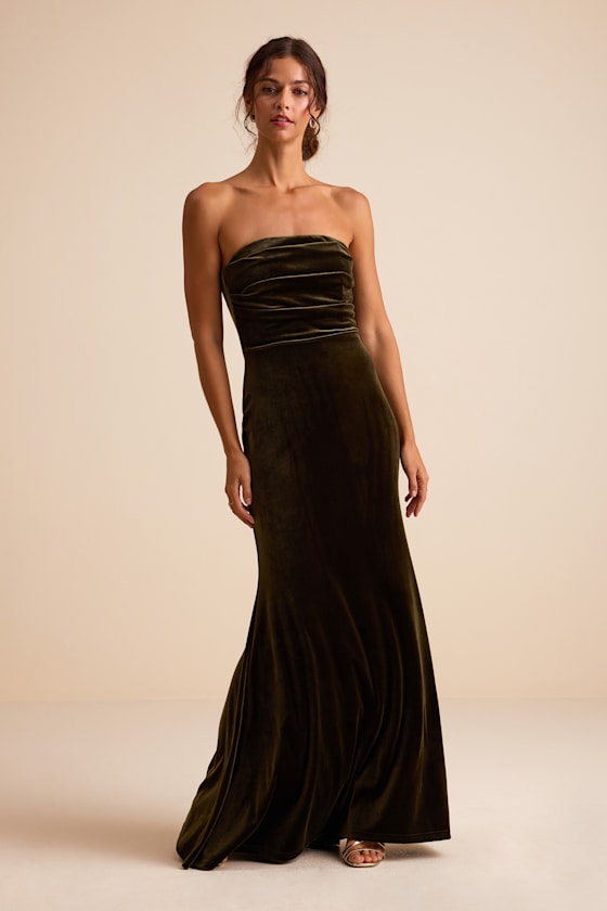 Maren Olive Velvet Strapless Mermaid Maxi Dress 1