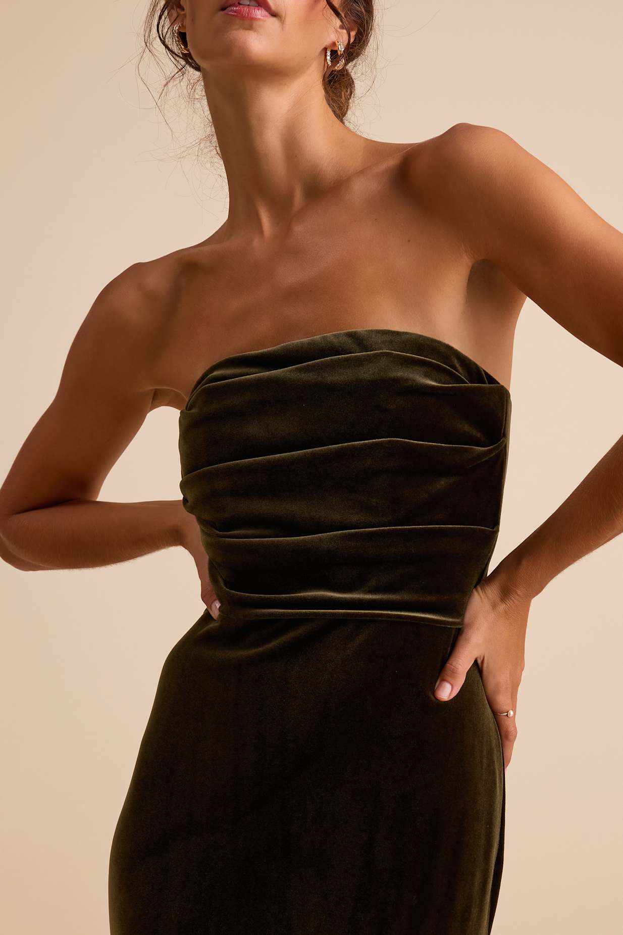 Maren Olive Velvet Strapless Mermaid Maxi Dress