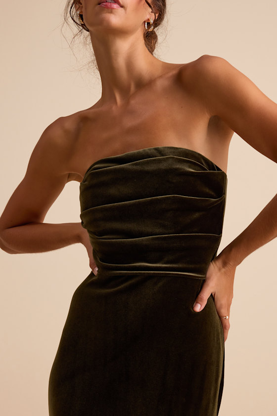 Maren Olive Velvet Strapless Mermaid Maxi Dress 2