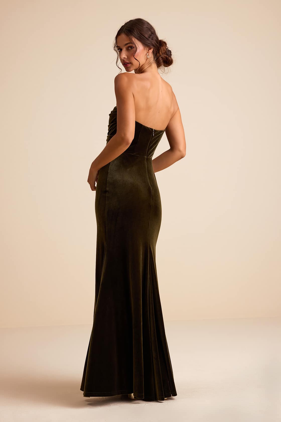 Maren Olive Velvet Strapless Mermaid Maxi Dress