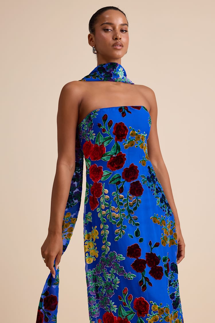 Corelia Blue Floral Velvet Burnout Strapless Sash Maxi Dress