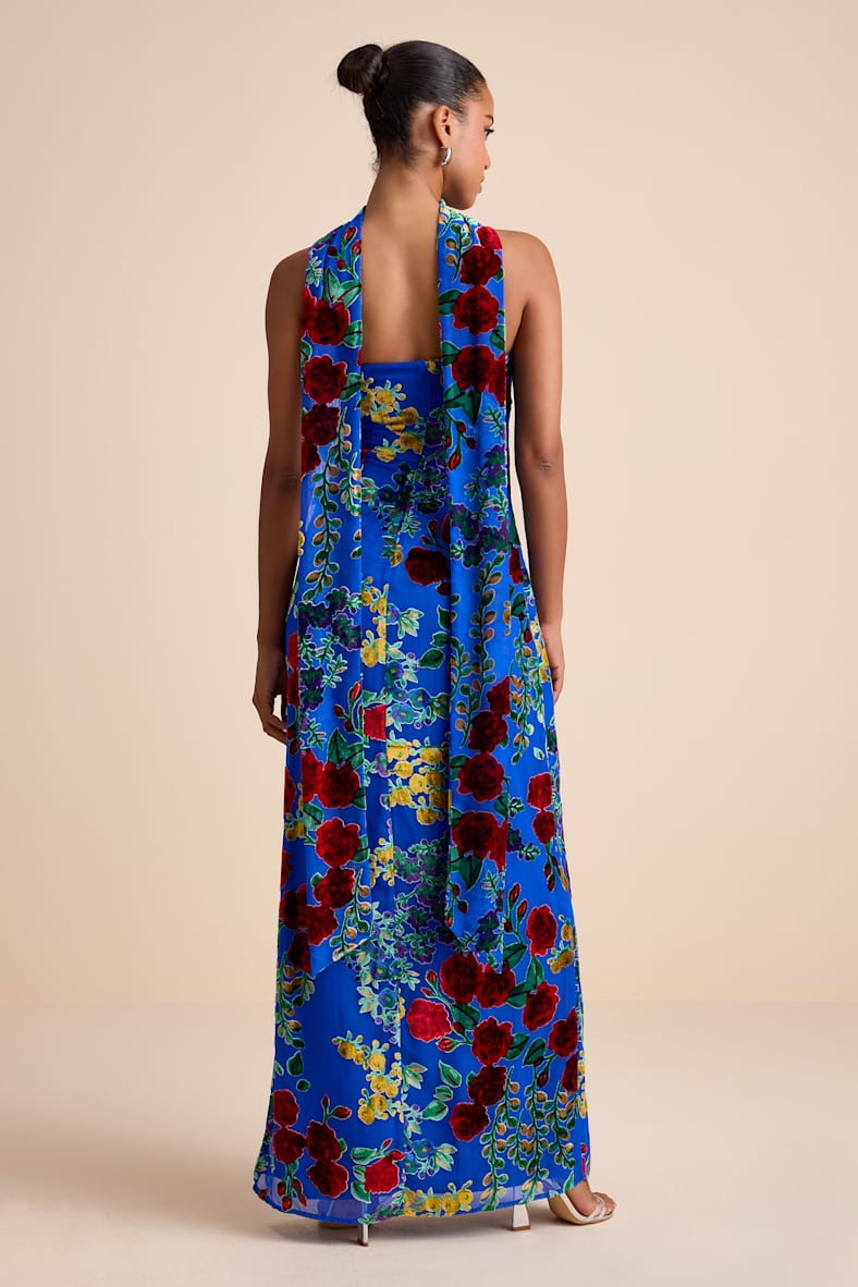 Corelia Blue Floral Velvet Burnout Strapless Sash Maxi Dress