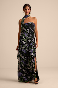 Corelia Black Floral Velvet Burnout Strapless Sash Maxi Dress 1