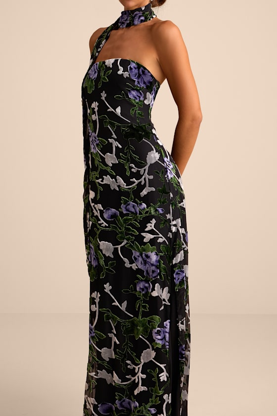 Corelia Black Floral Velvet Burnout Strapless Sash Maxi Dress 2