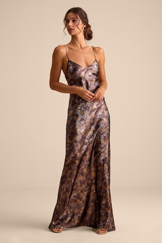 Sheeva Shiny Brown Multi Abstract Satin Lace-Up Maxi Dress