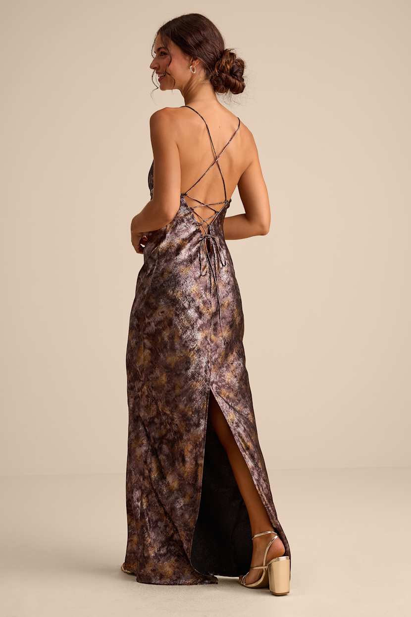 Brown Multi Abstract Satin Lace-Up Maxi Dress | Womens | Small (Available in XS, M, L, XL) | 100% Polyester | Lulus