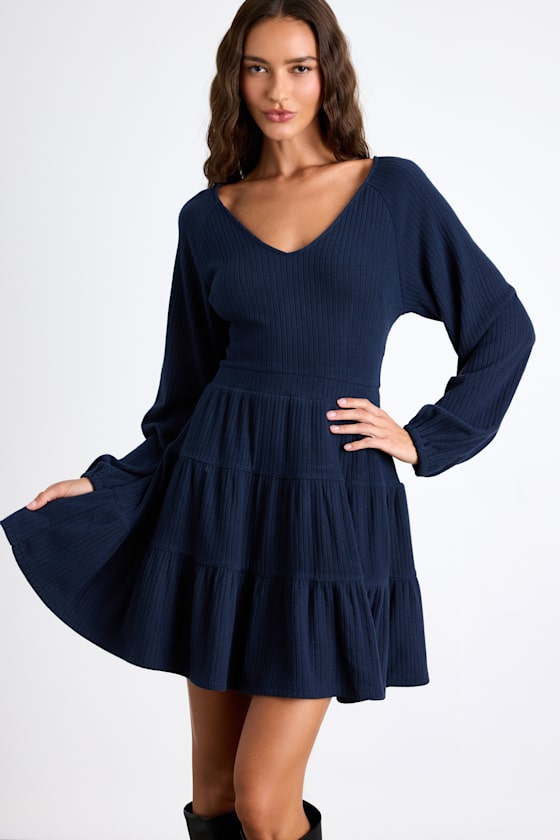 Adorable Option Dark Navy Long Sleeve Mini Sweater Dress 1