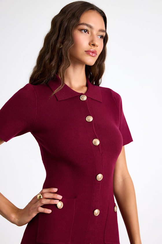Posh Outcome Wine Red Short Sleeve Sweater Mini Dress 2