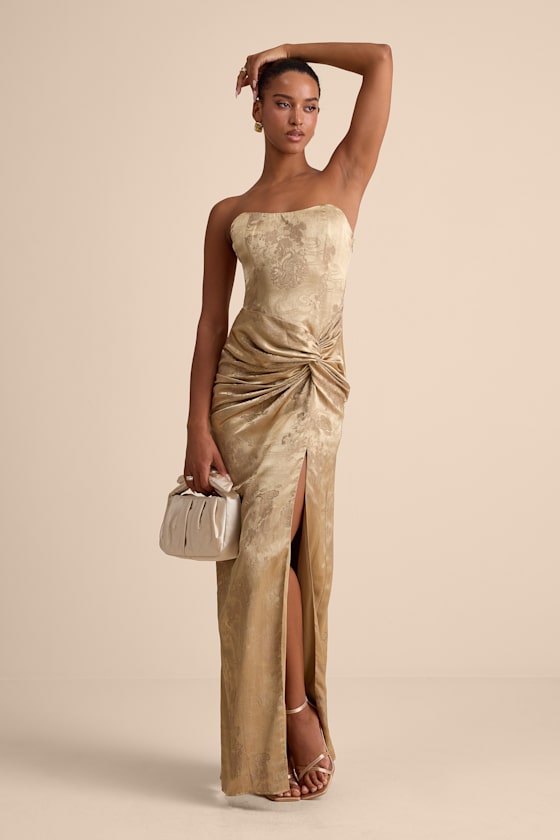 Gold Jacquard Maxi Dress - Lace-Up Maxi Dress - Strapless Maxi - Lulus