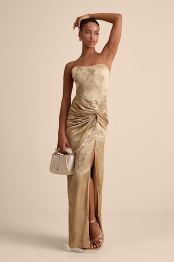 Whitney Gold Jacquard Strapless Twist-Front Maxi Dress 1