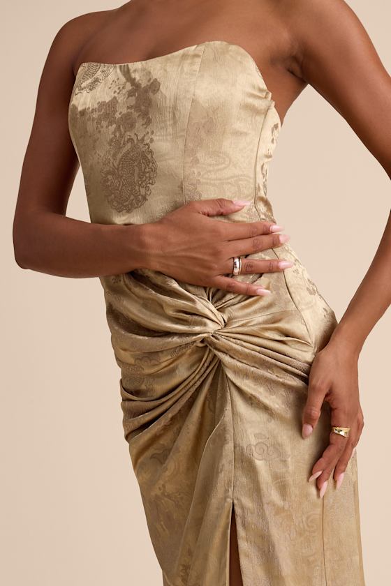 Whitney Gold Jacquard Strapless Twist-Front Maxi Dress 2
