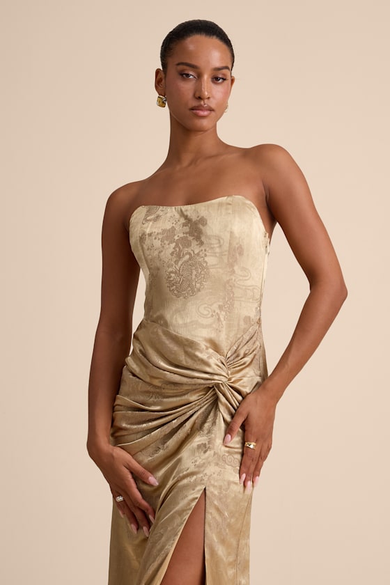 Whitney Gold Jacquard Strapless Twist-Front Maxi Dress - thumbnail 5