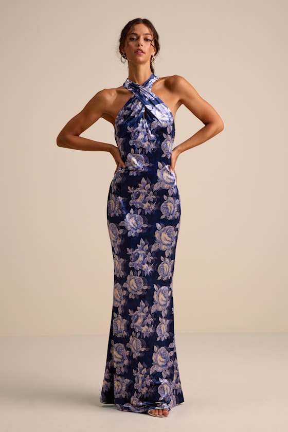 Celestara Navy Floral Velvet Backless Mermaid Maxi Dress 1