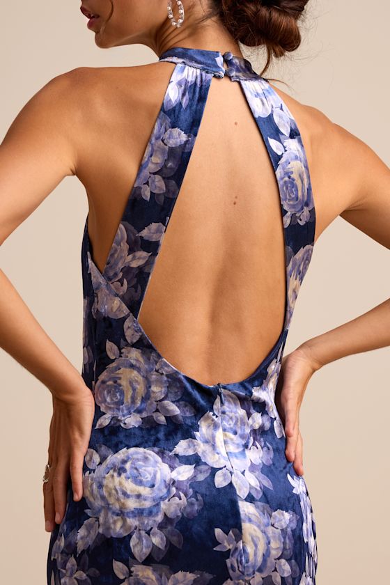 Celestara Navy Floral Velvet Backless Mermaid Maxi Dress 2