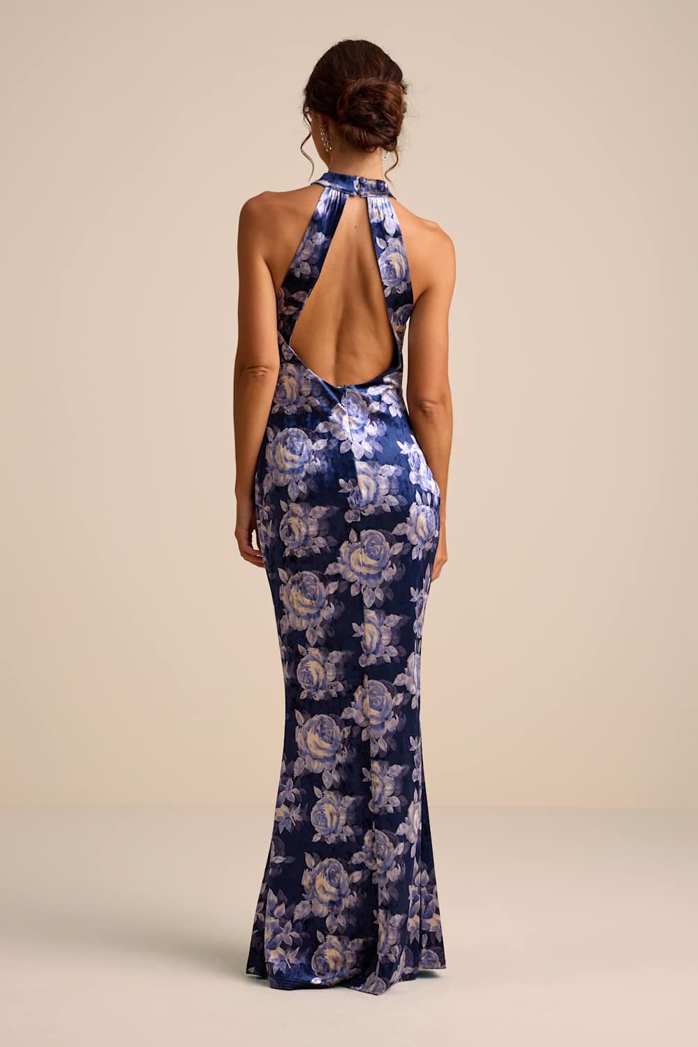 Celestara Navy Floral Velvet Backless Mermaid Maxi Dress