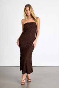 Faelyn Brown Strapless Ruffled Midi Dress 1
