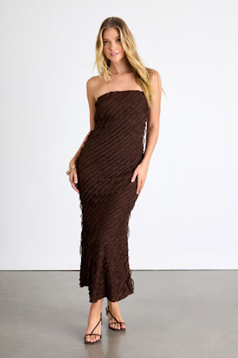 Faelyn Brown Strapless Ruffled Midi Dress 1