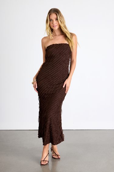 Lulus | Brown Strapless Ruffled Midi Dress | Womens | XX-Small