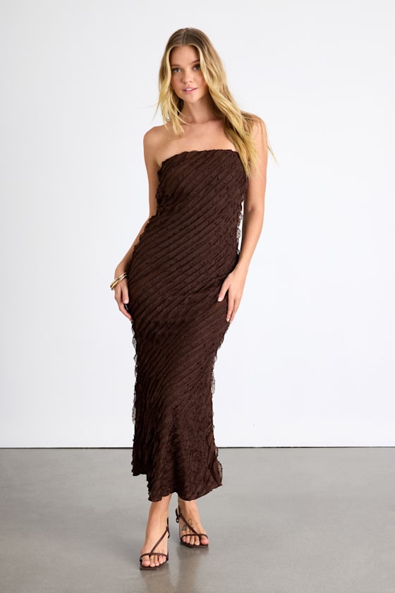 Faelyn Brown Strapless Ruffled Midi Dress 1