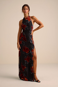 Karima Black Velvet Floral Burnout Halter Maxi Dress 1