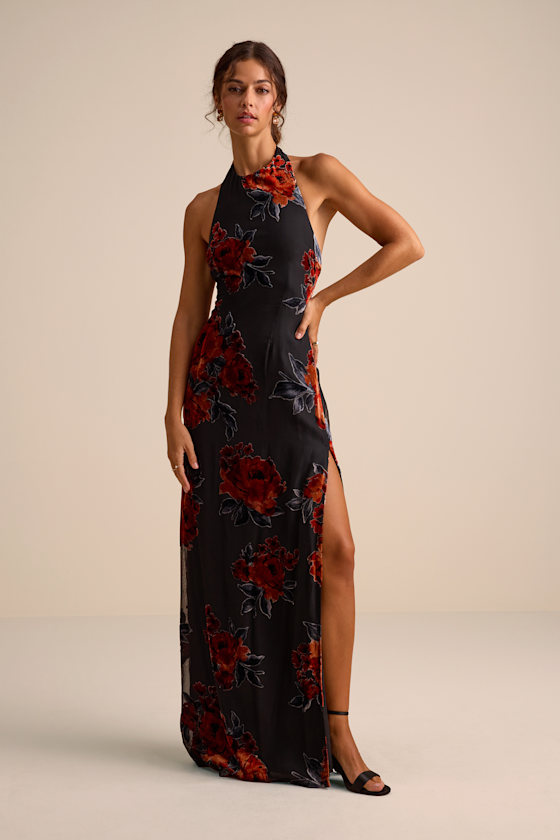 Karima Black Velvet Floral Burnout Halter Maxi Dress 1