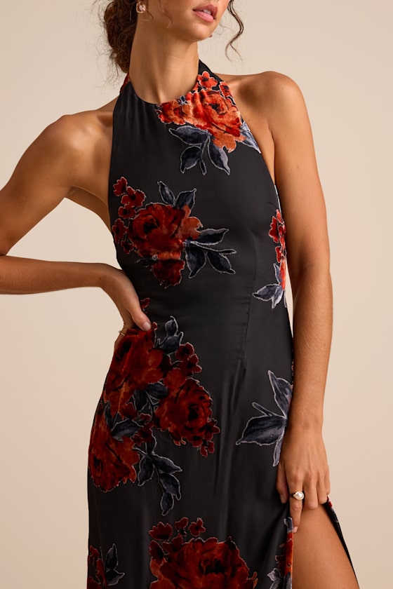 Karima Black Velvet Floral Burnout Halter Maxi Dress 2