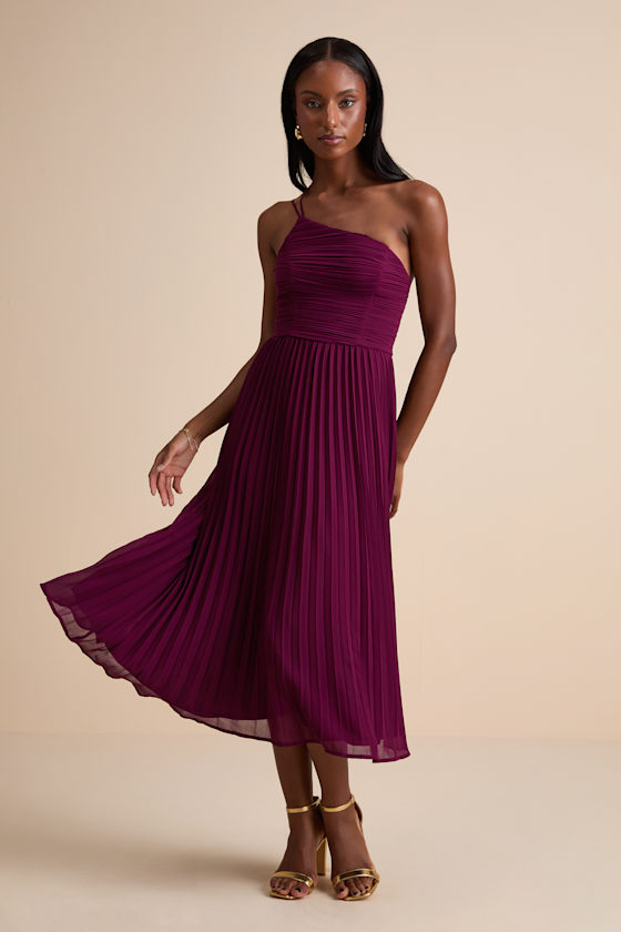Pleated Midi Dress - One-Shoulder Chiffon Dress - Plum Midi Dress