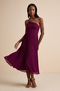Wondrous Muse Plum Pleated One-Shoulder Midi Dress 1