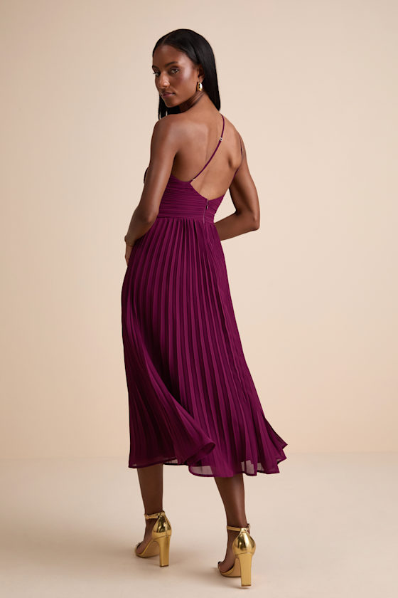 Pleated Midi Dress - One-Shoulder Chiffon Dress - Plum Midi Dress