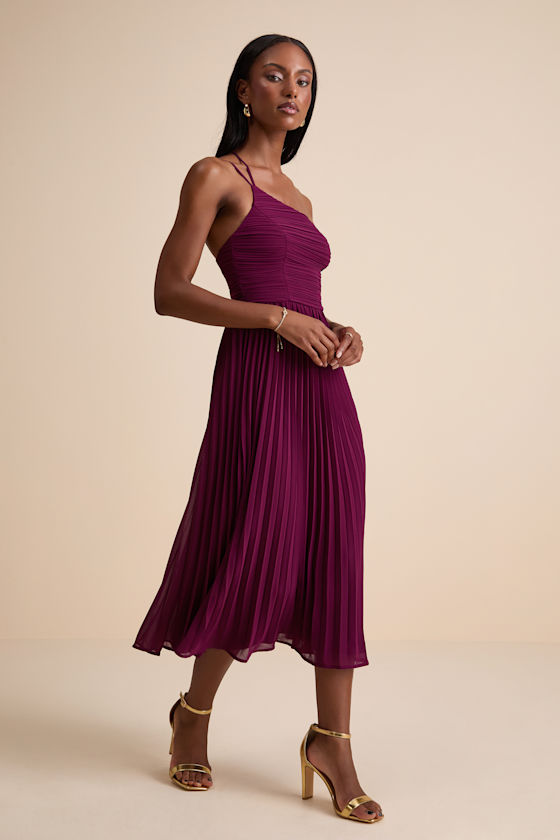 Pleated Midi Dress - One-Shoulder Chiffon Dress - Plum Midi Dress - Image 4