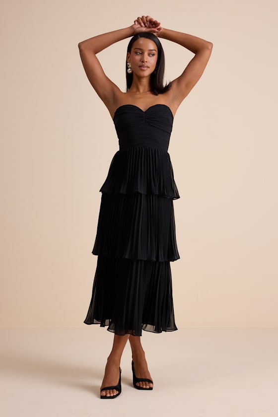 Seriously Sensational Black Strapless Tiered Midi Dress 1