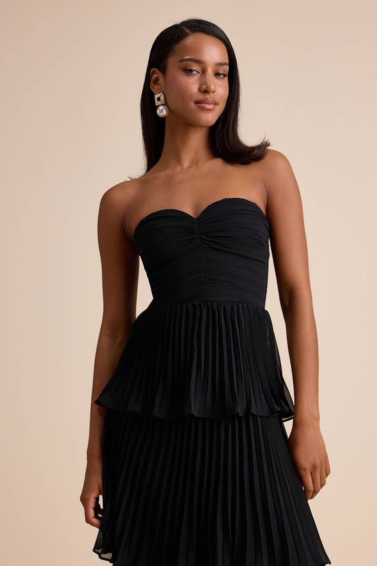 Black Tiered Midi Dress - Strapless Dress - Pleated Midi Dress - Lulus