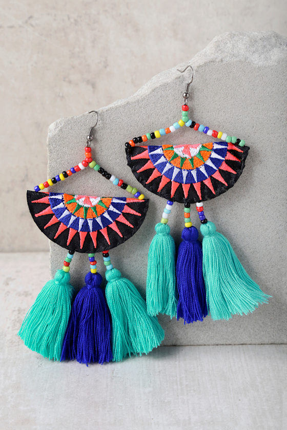 Endless Light Turquoise Beaded Tassel Earrings 1