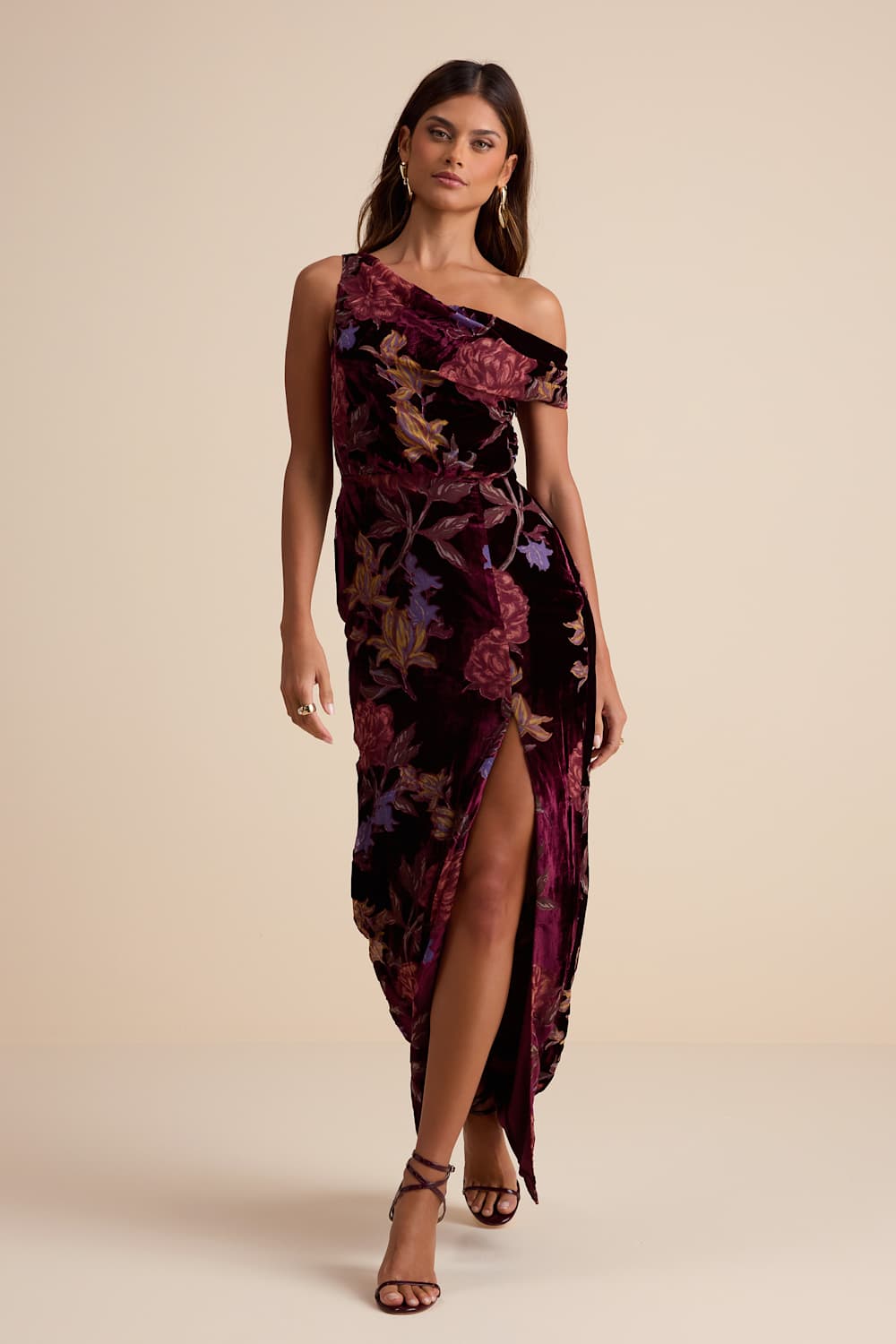 Marnella Burgundy Floral Velvet Burnout Asymmetrical Maxi Dress