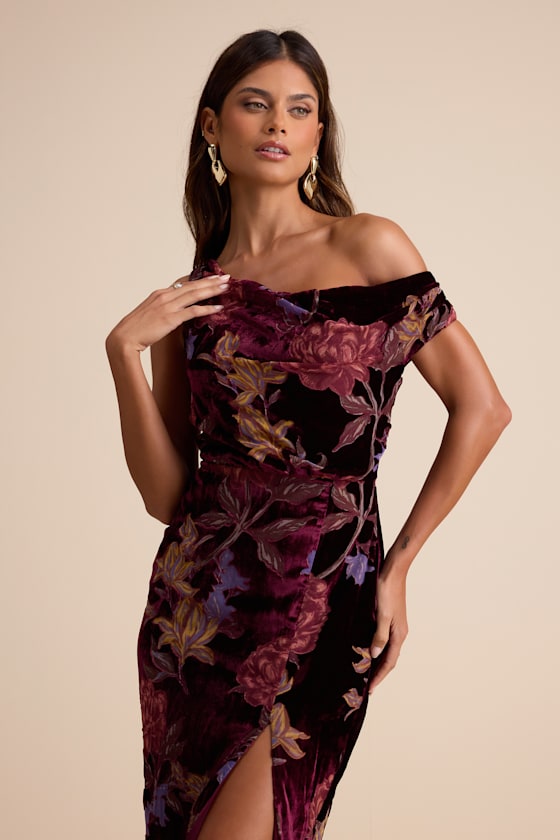 Marnella Burgundy Floral Velvet Burnout Asymmetrical Maxi Dress 2