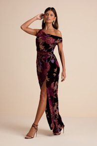 Marnella Burgundy Floral Velvet Burnout Asymmetrical Maxi Dress 4
