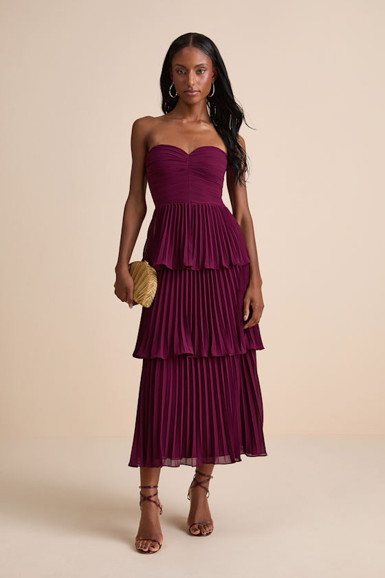 Seriously Sensational Plum Strapless Tiered Midi Dress 1