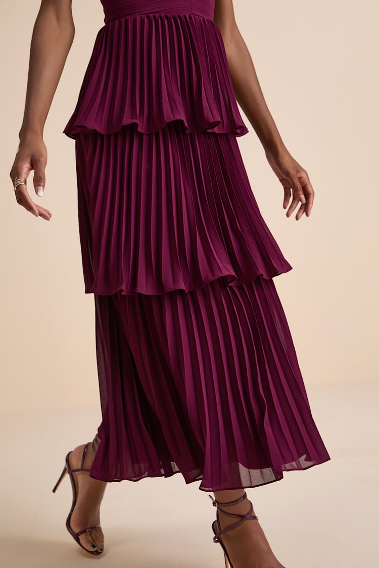 Plum Tiered Midi Dress - Strapless Dress - Pleated Midi Dress - Lulus