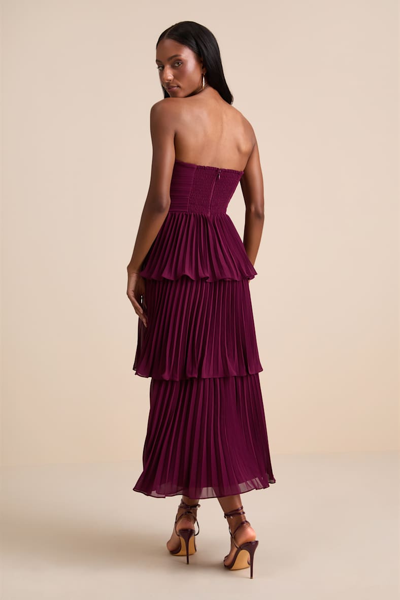 Seriously Sensational Plum Strapless Tiered Midi Dress