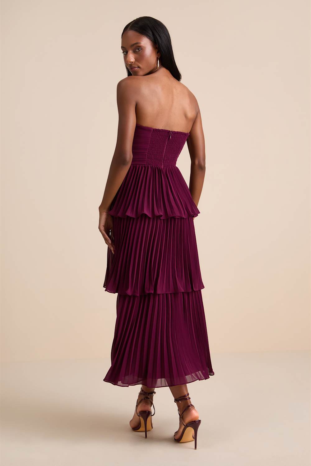 Seriously Sensational Plum Strapless Tiered Midi Dress