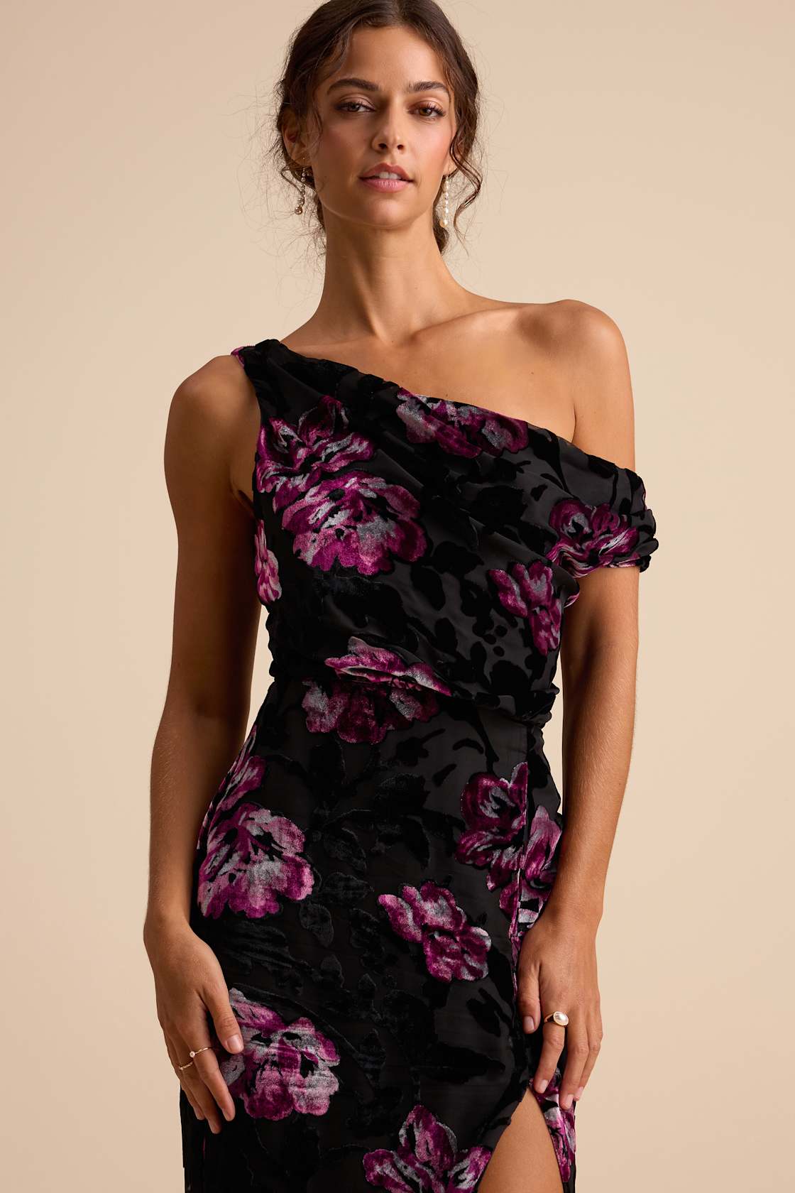 Marnella Black Floral Velvet Burnout Asymmetrical Maxi Dress