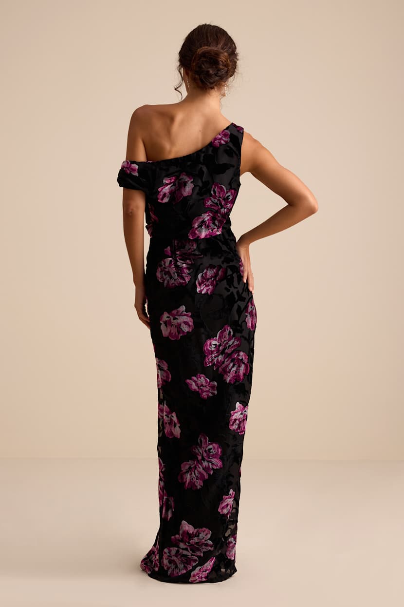 Marnella Black Floral Velvet Burnout Asymmetrical Maxi Dress
