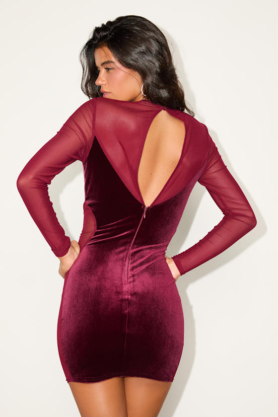 Irresistible Details Burgundy Velvet Mesh Long Sleeve Mini Dress 2