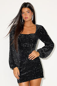 Precise Radiance Black Velvet Sequin Long Sleeve Mini Dress 1