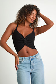 Melika Black Ribbed Knotted Crop Tank Top 1