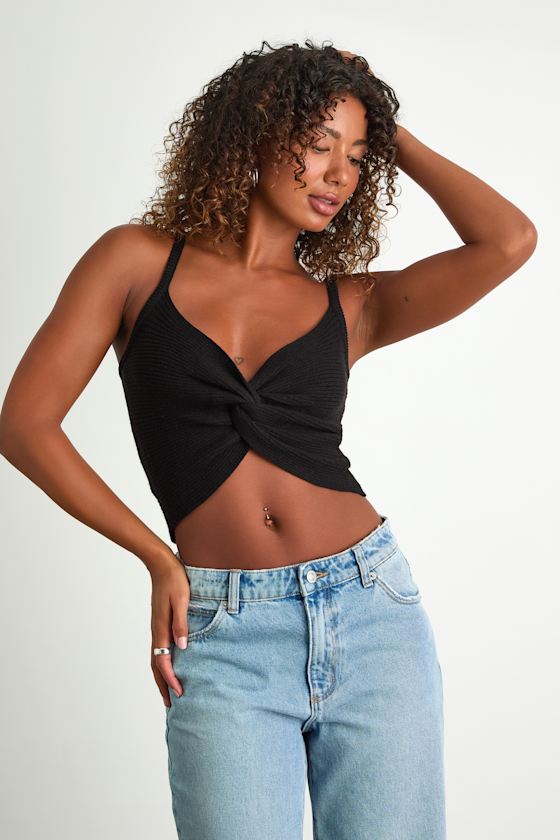 Melika Black Ribbed Knotted Crop Tank Top 1