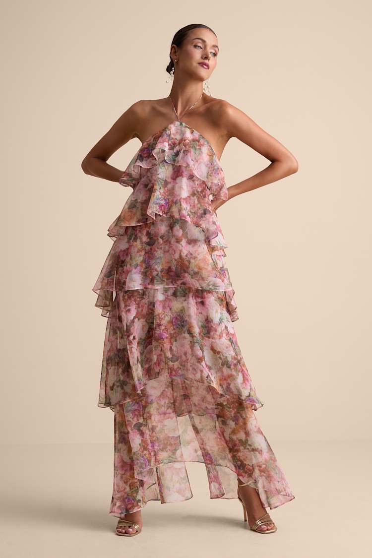 Melody Pink Multi Floral Tiered Halter Maxi Dress